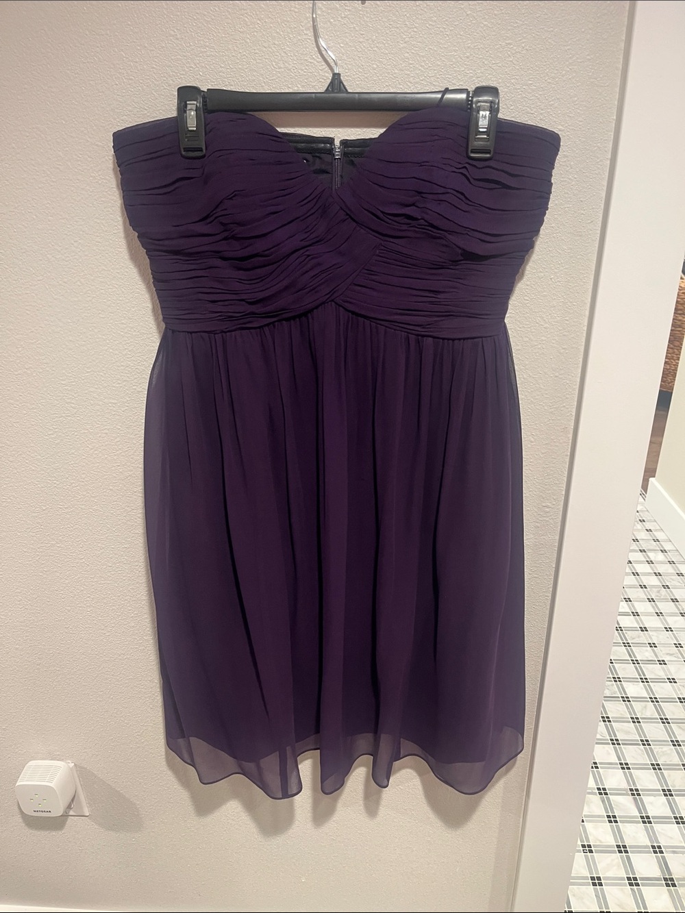 Donna Morgan Strapless Ruched Chiffon Dress in Deep Plum